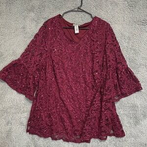 Catherine's maroon bell sleeve lace sequined blouse fancy romantic plus size 0X